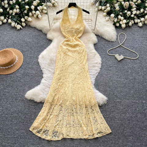 Sexy Yellow Hollowed Lace Halter Dress