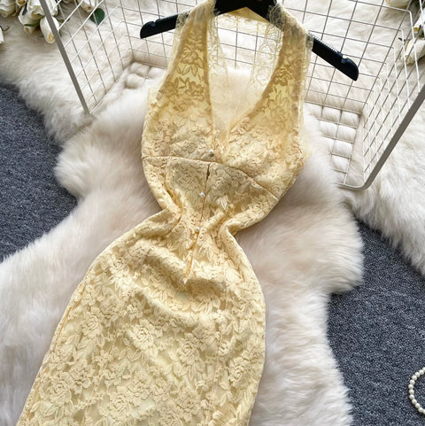 Sexy Yellow Hollowed Lace Halter Dress