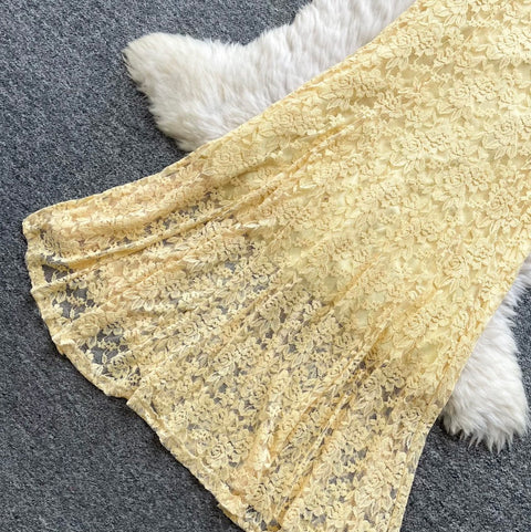 Sexy Yellow Hollowed Lace Halter Dress