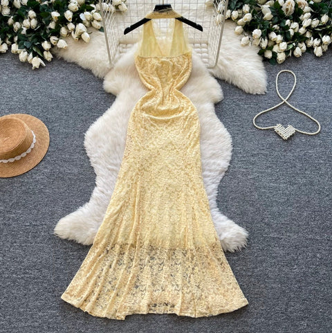 Sexy Yellow Hollowed Lace Halter Dress