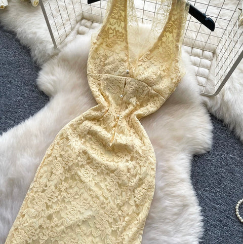 Sexy Yellow Hollowed Lace Halter Dress
