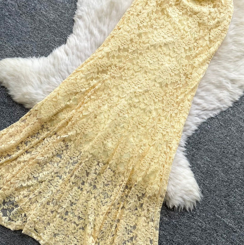 Sexy Yellow Hollowed Lace Halter Dress
