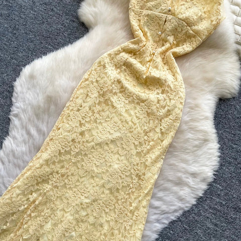 Sexy Yellow Hollowed Lace Halter Dress