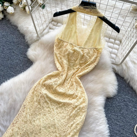 Sexy Yellow Hollowed Lace Halter Dress