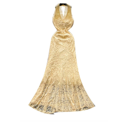 Sexy Yellow Hollowed Lace Halter Dress
