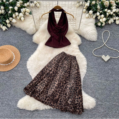 Halter Top & Leopard Printed Skirt 2Pcs