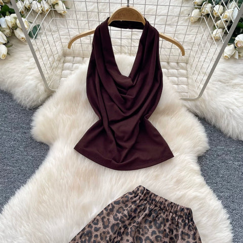 Halter Top & Leopard Printed Skirt 2Pcs