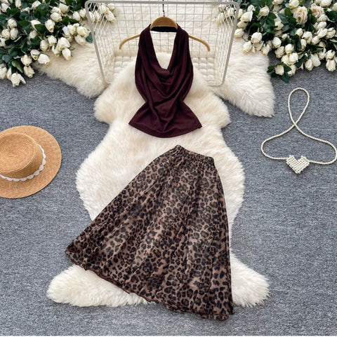 Halter Top & Leopard Printed Skirt 2Pcs