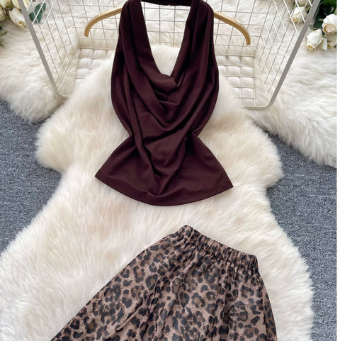 Halter Top & Leopard Printed Skirt 2Pcs