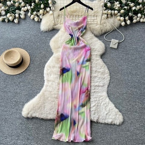 Tie-dye Print Pleated Slip Dress