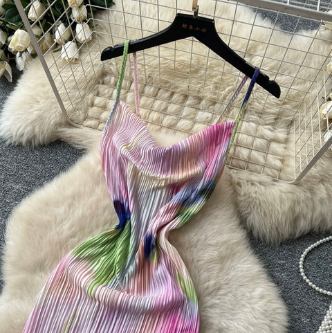 Tie-dye Print Pleated Slip Dress