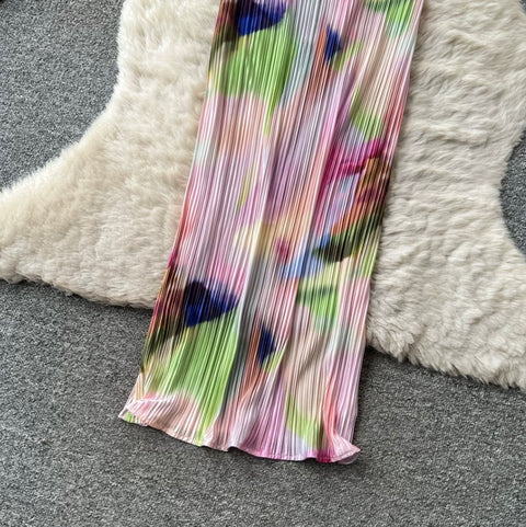Tie-dye Print Pleated Slip Dress