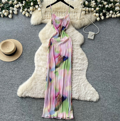 Tie-dye Print Pleated Slip Dress