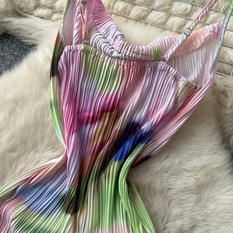 Tie-dye Print Pleated Slip Dress