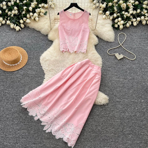 Hollowed Floral Vest & Skirt 2Pcs