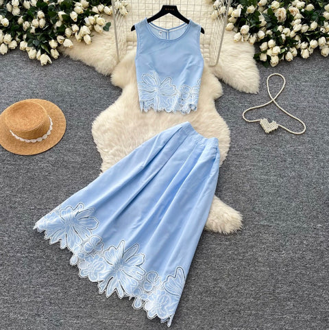 Hollowed Floral Vest & Skirt 2Pcs