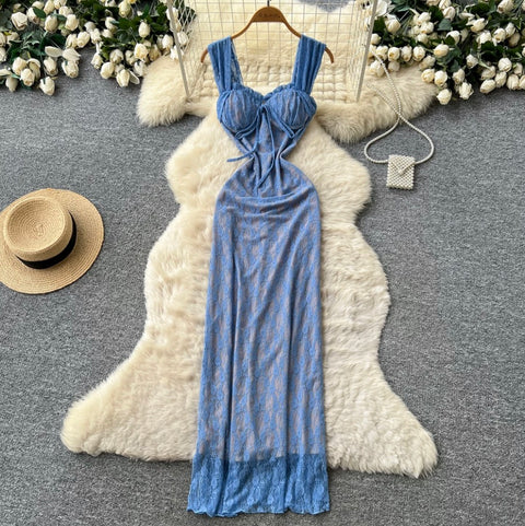 Backless Blue Lace Slip Dress