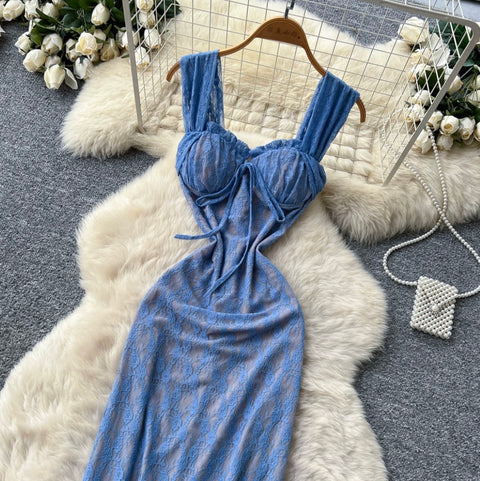 Backless Blue Lace Slip Dress