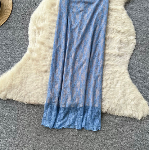 Backless Blue Lace Slip Dress