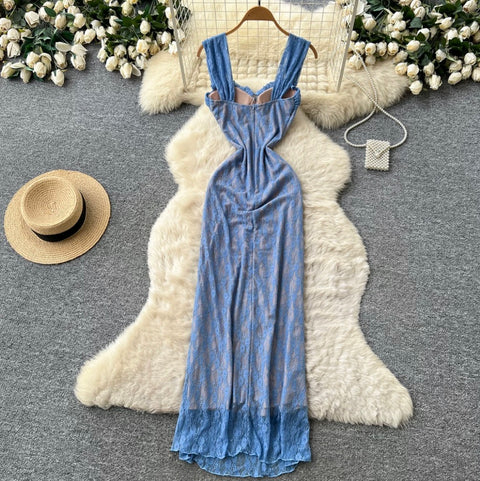 Backless Blue Lace Slip Dress