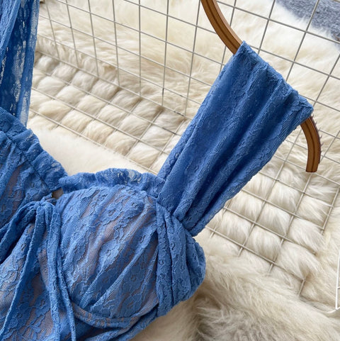 Backless Blue Lace Slip Dress