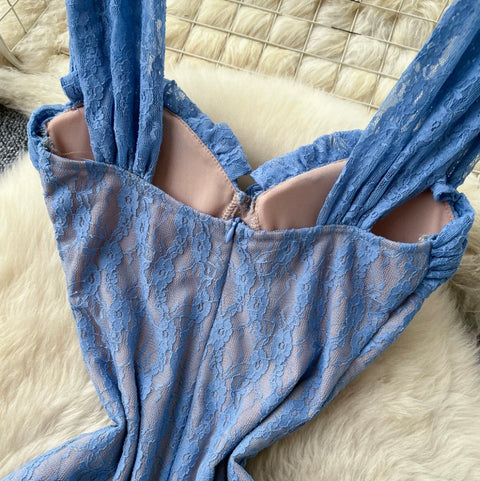 Backless Blue Lace Slip Dress