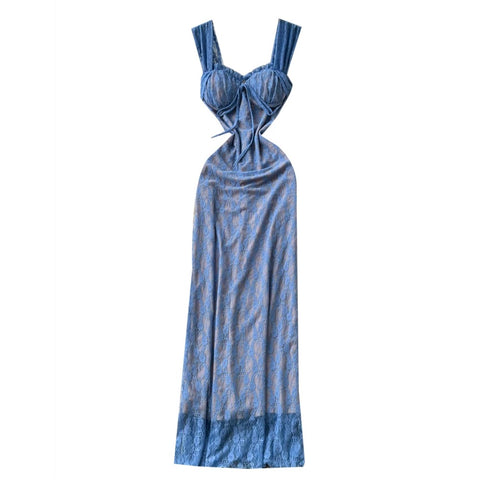 Backless Blue Lace Slip Dress