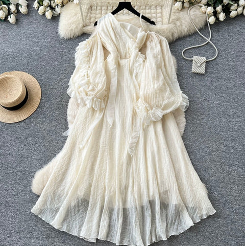 Slant Neckline Patchwork Apricot Dress