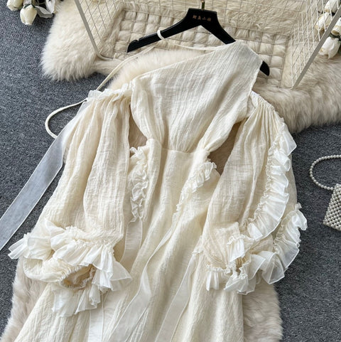 Slant Neckline Patchwork Apricot Dress
