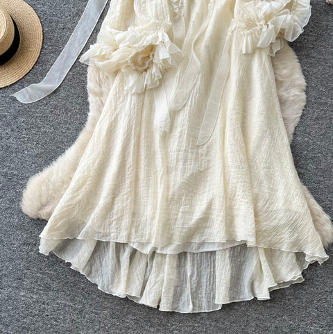 Slant Neckline Patchwork Apricot Dress
