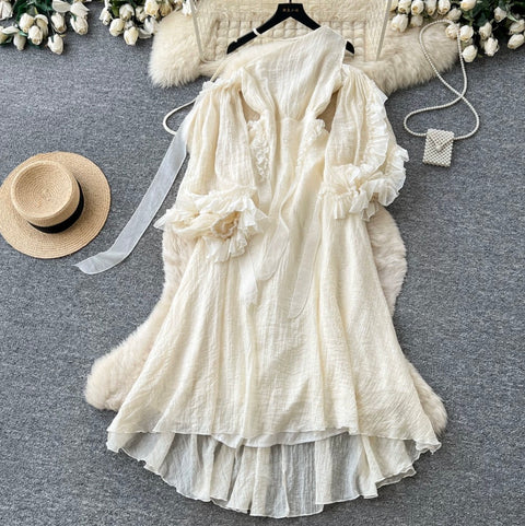 Slant Neckline Patchwork Apricot Dress