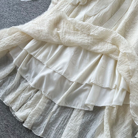 Slant Neckline Patchwork Apricot Dress