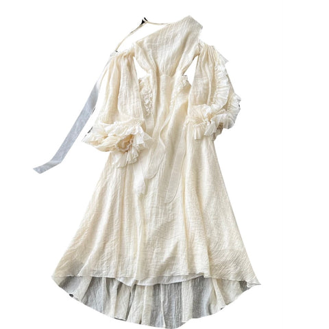 Slant Neckline Patchwork Apricot Dress
