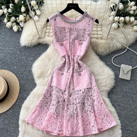 Rhinestone Studded Hollowed Lace Dress