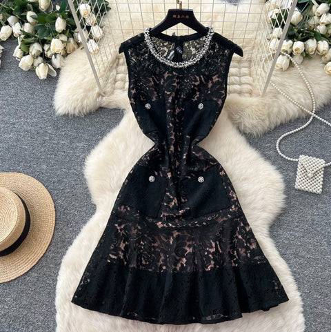 Rhinestone Studded Hollowed Lace Dress