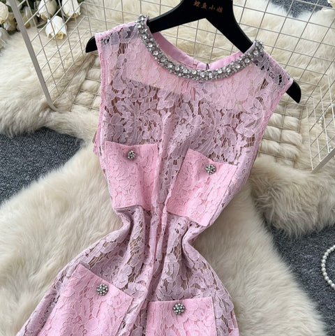Rhinestone Studded Hollowed Lace Dress