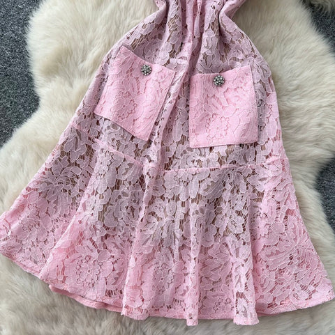 Rhinestone Studded Hollowed Lace Dress