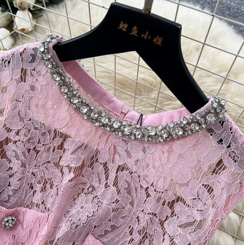 Rhinestone Studded Hollowed Lace Dress