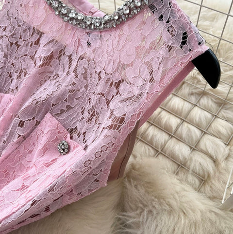 Rhinestone Studded Hollowed Lace Dress