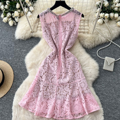 Rhinestone Studded Hollowed Lace Dress