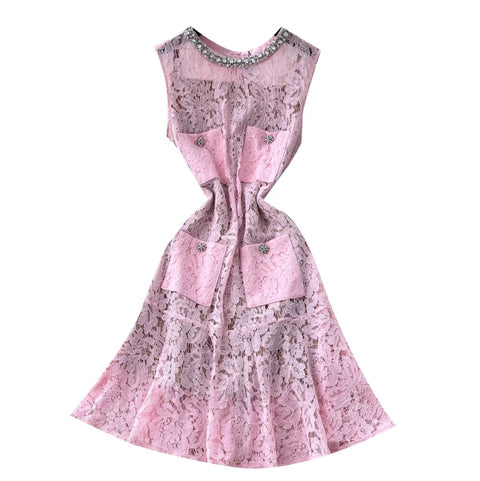 Rhinestone Studded Hollowed Lace Dress