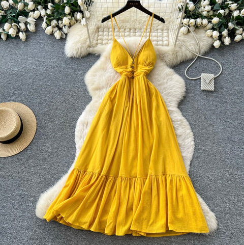 Backless Yellow Ruffled Slip Dress