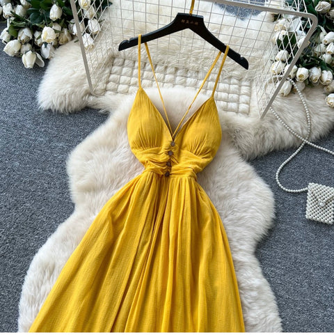 Backless Yellow Ruffled Slip Dress
