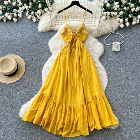 Backless Yellow Ruffled Slip Dress