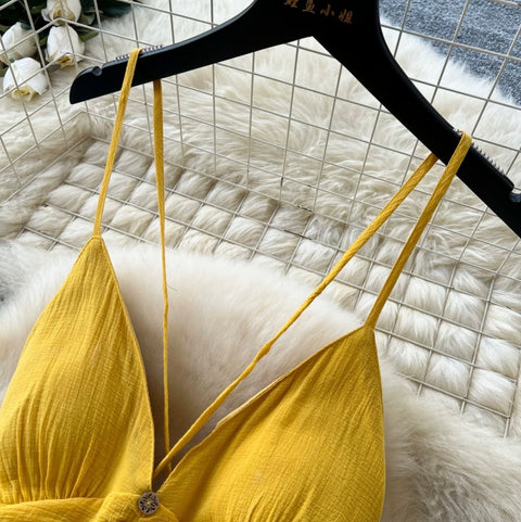 Backless Yellow Ruffled Slip Dress