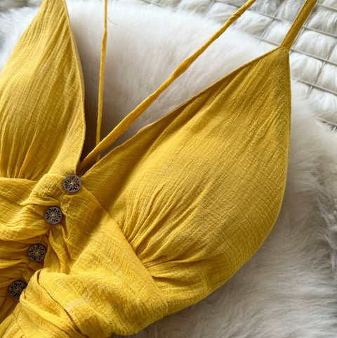 Backless Yellow Ruffled Slip Dress