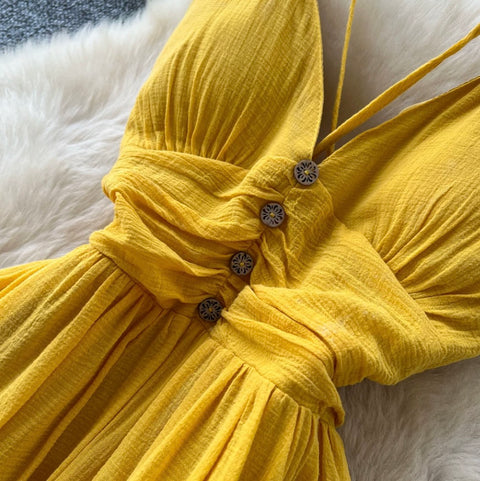 Backless Yellow Ruffled Slip Dress