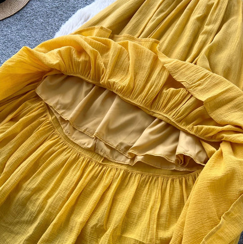 Backless Yellow Ruffled Slip Dress