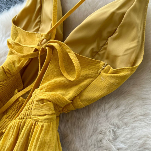 Backless Yellow Ruffled Slip Dress