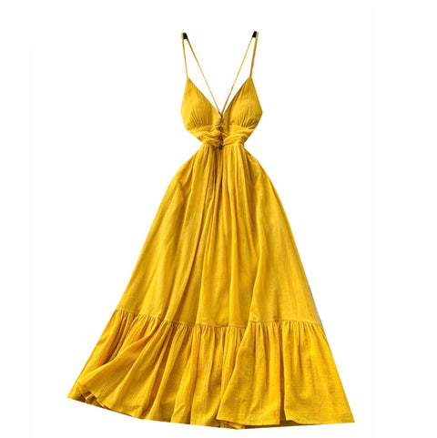 Backless Yellow Ruffled Slip Dress